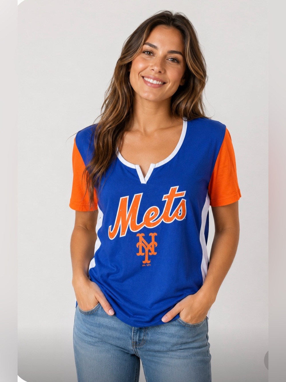 Majestic Women's Blue & Orange V-Neck Mets XXL Tee